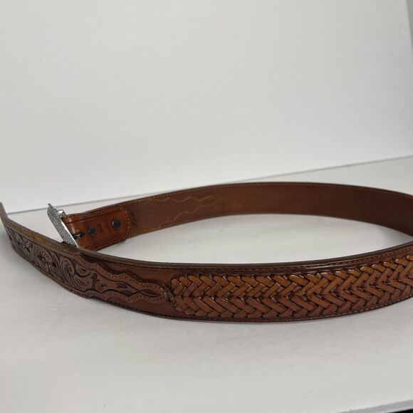 Vintage Nocona Unisex Sz 34 Belt Silver Western Hand Tooled Cowhide Leather main image 11